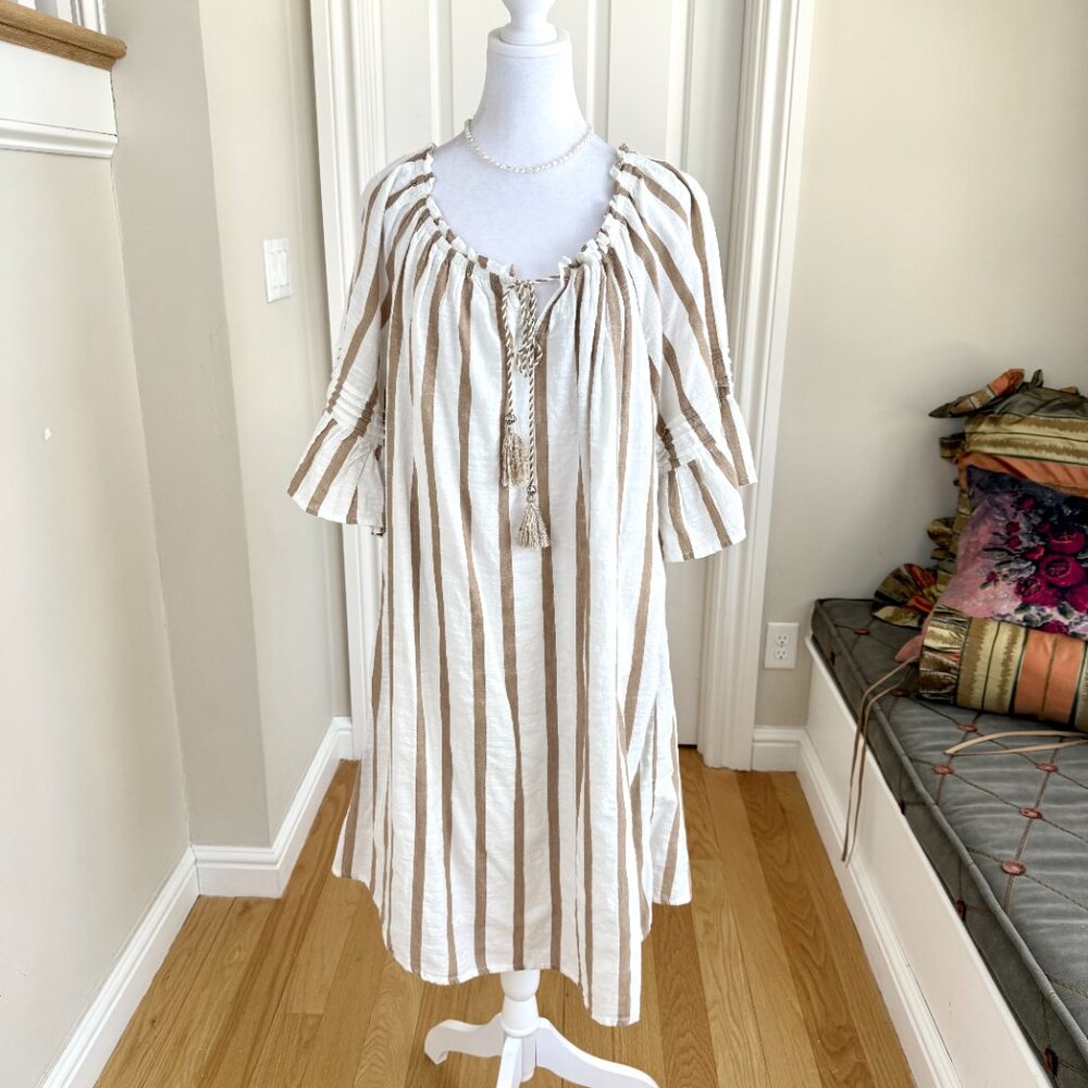 Mlle Gabrielle Cream and Tan Striped Beach Kaftan Dress - Picture 2 of 8